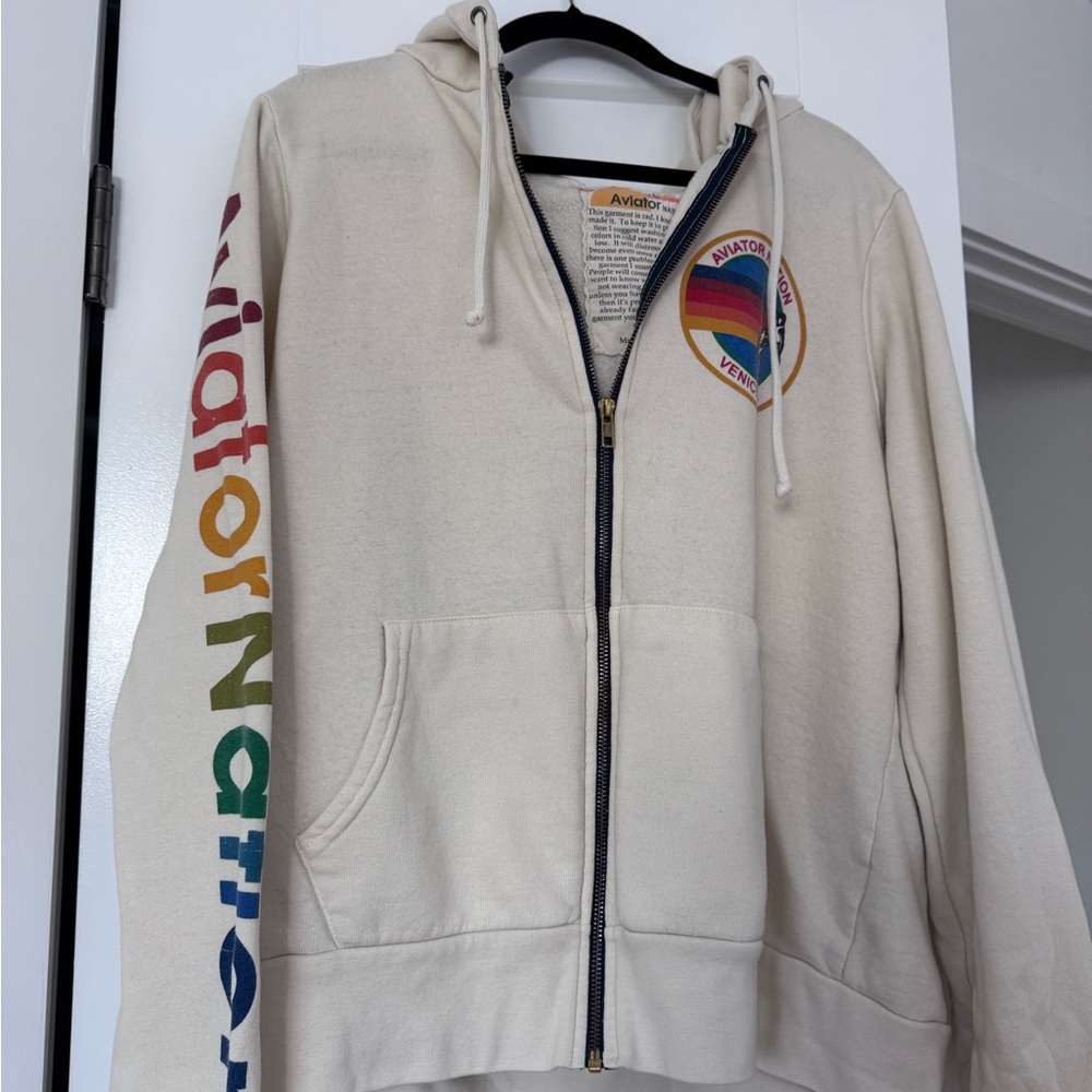 Aviator Nation Cream Hoodie with Rainbow Sleeve